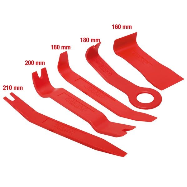 KS Tools 5-teiliges rotes Zierleistenkeil-Set aus Kunststoff in den Längen 210 Millimeter, 200 Millimeter, 180 Millimeter und 160 Millimeter.