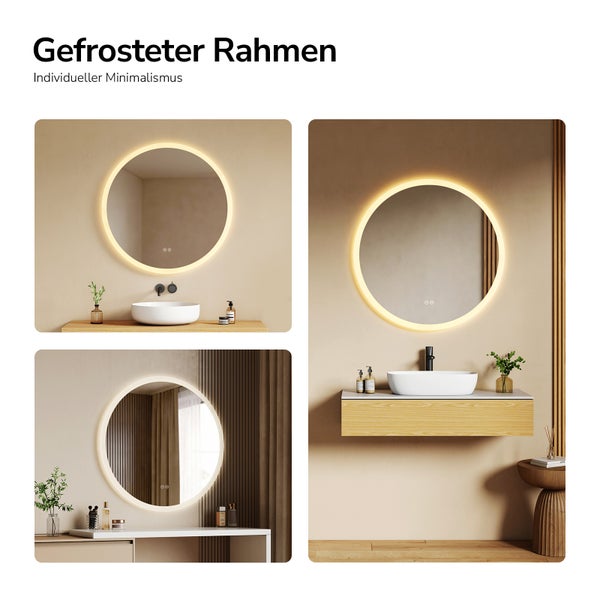 Runder LED-Badezimmerspiegel mit beleuchtetem gefrostetem Rahmen in modernen, minimalistischen Badezimmern mit Aufsatzwaschbecken und Holzmöbeln.