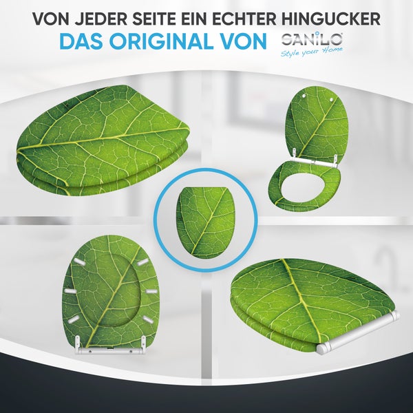 Sanilo WC Sitz mit Blatt Motiv in verschiedenen Ansichten für eine stilvolle Badgestaltung