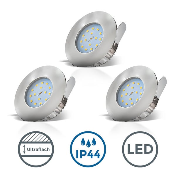 Drei LED Einbauleuchten aus Metall mit den Symbolen: extra flach, Schutzart IP44 und LED.