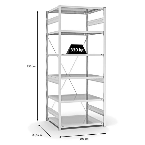 PROREGAL Fachbodenregal Stecksystem T-Profil Heavy-Duty Grundregal HxBxT 250 x 100 x 80 cm 6 Ebenen Fachlast 330 kg Einseitig Nutzbar Lichtgrau