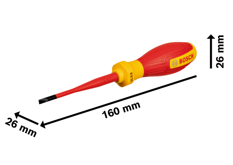 Bosch VDE Schlitzschraubendreher SL 3,5 in Rot und Gelb mit Maßen: Länge 160 Millimeter, Breite 26 Millimeter.