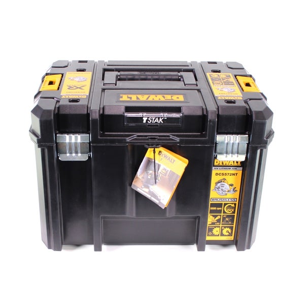 DeWALT TSTAK Werkzeugkoffer aus robustem Kunststoff für Handkreissäge DCS572NT, mit Tragegriff und Metallverschlüssen.
