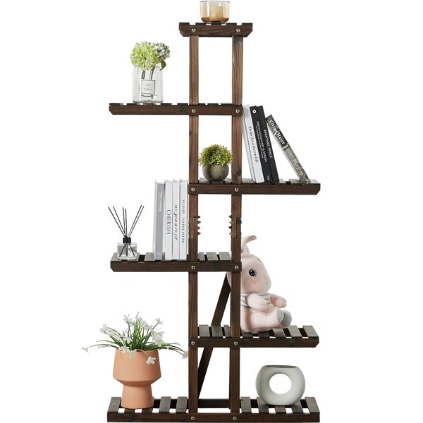 Dekoratives Holzregal mit fünf Ebenen zur stilvollen Präsentation von Pflanzen und Dekoartikeln.