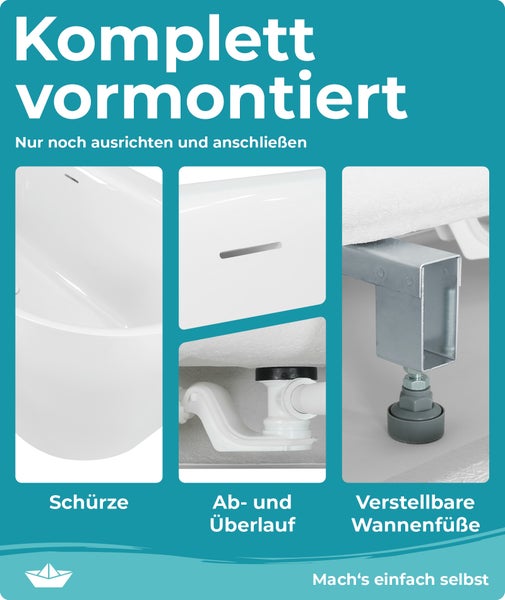 Calmwaters® Vorwand-Badewanne 180x80 cm Komplettset Seamless Comfort, fugenloses Design, vormontiert mit Schürze & Ablaufgarnitur, rechte Ausführung, Made in EU, Acryl, 02SL6222