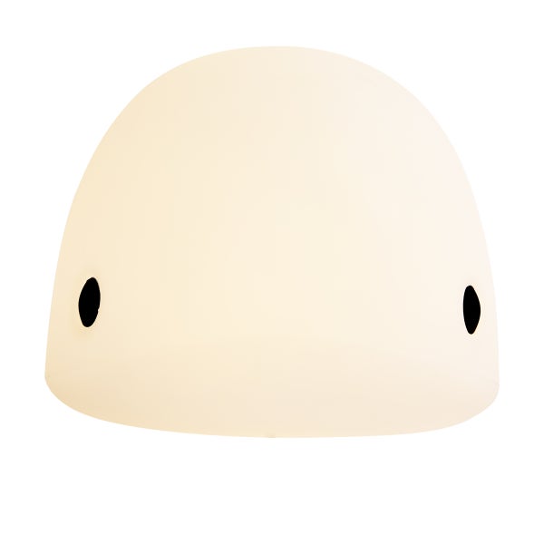 Halbrunder weißer Lampenschirm aus Glas mit zwei seitlichen Befestigungslöchern.