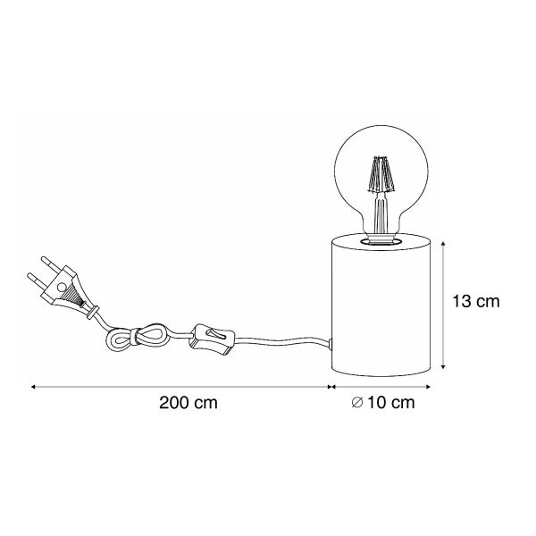 Maßzeichnung einer zylindrischen Tischleuchte mit Leuchtmittel. Maße sind 13 Zentimeter Höhe, 10 Zentimeter Durchmesser und 200 Zentimeter Kabellänge.