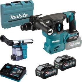 Makita Akku Kombihammer Set mit Staubsaugvorsatz, zwei Akkus, Ladegerät und Transportkoffer.