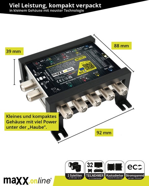 unicable Multischalter Einkabelsystem für 1-2 Satelliten & 32 Teilnehmer inkl. 18V F-Stecker Netzteil, Einkabel-Multischalter kaskadierbar