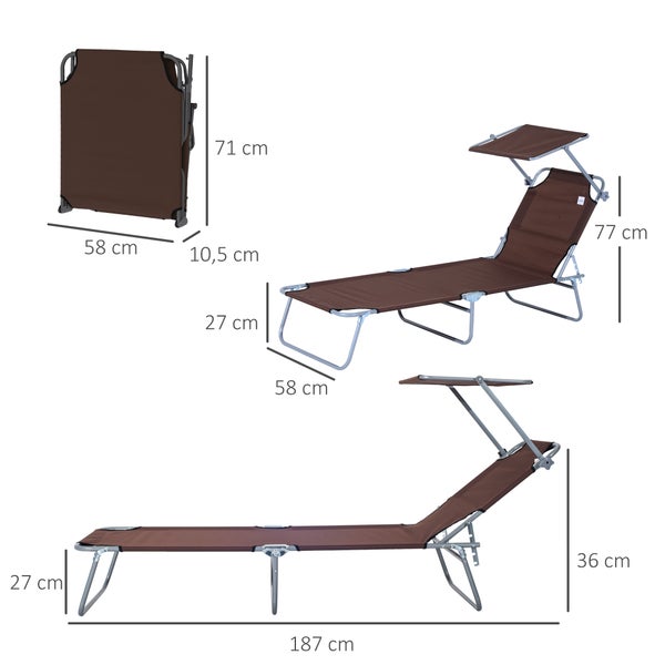 Outsunny Sonnenliege, klappbar, mit Sonnenschutz, 187 x 58 x 36 cm, Metall, Oxford-Gewebe, Braun