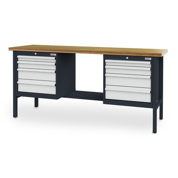 Werkbank mit 10 Schubladen und einer Arbeitsplatte aus Holz.