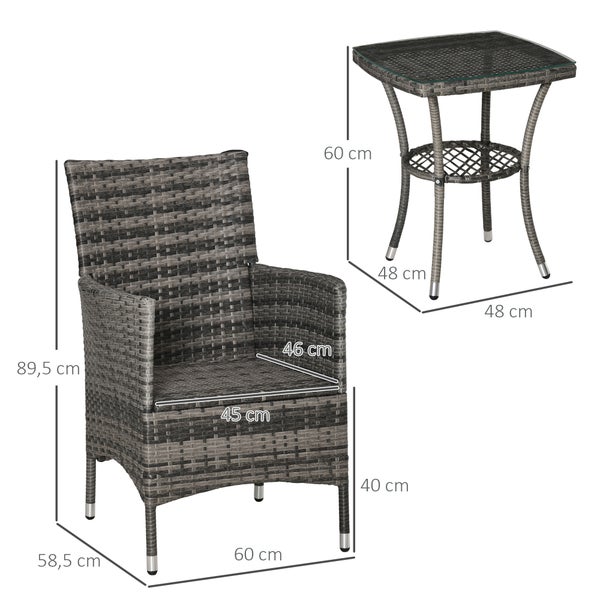 Outsunny 3-tlg. Gartenmöbel-Set, B60 x T58,5 x H89,5 cm, Metall, PE-Rattan, Polyester, Schaumstoff, grau