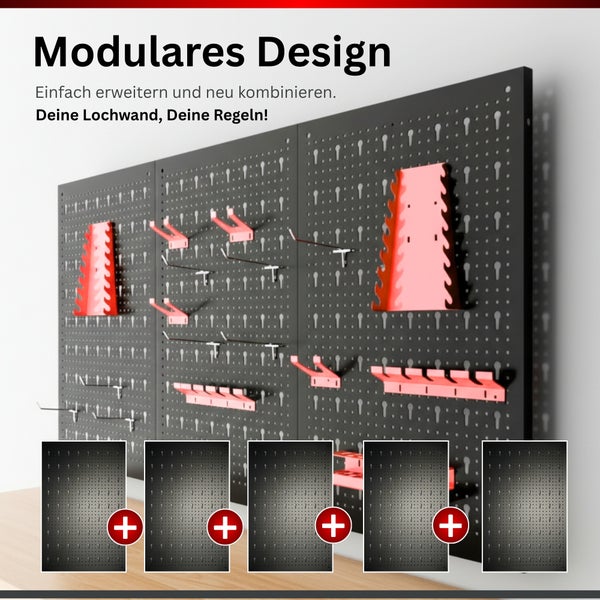 Modulares Lochwandsystem zur Werkzeugaufbewahrung mit verschiedenen Haltern und Haken, individuell erweiterbar durch Einzelmodule.
