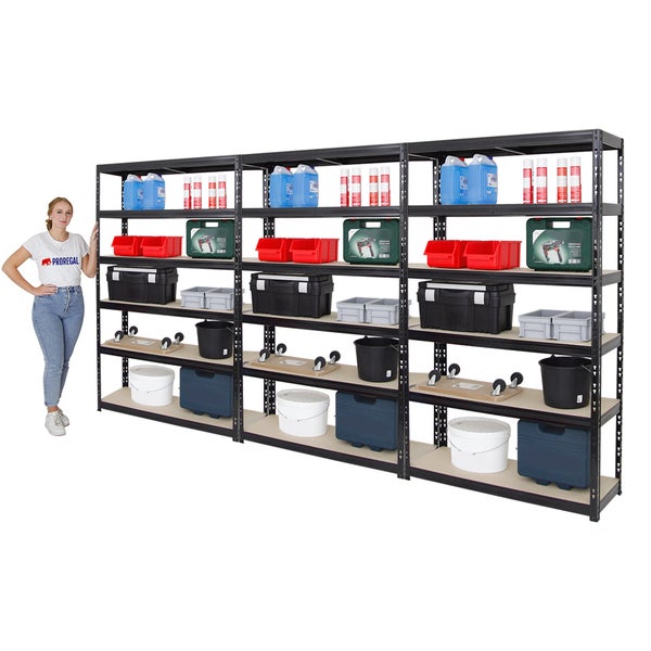 PROREGAL Mega Deal 3x Schwerlastregal Giant Tiger HxBxT 200 x 120 x 40 cm Fachlast 265 kg 6-Ebenen Schwarz