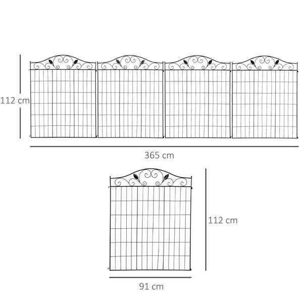 Outsunny Gartenzaun, Gitterzaun für Balkon, Garten, 365 x 112 cm, Metall , Schwarz