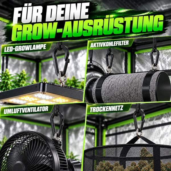 Übersicht von Grow-Ausrüstung: LED-Growlampe, Aktivkohlefilter, Umluftventilator und Trockennetz zur Pflanzenzucht.