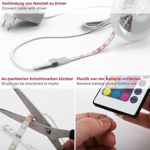 LED-Streifen Montageanleitung: Verbindung von Netzteil zu Treiber, Kürzen an Markierungen, Entfernen des Batteriestreifens
