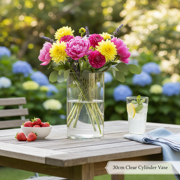 Zylindervase aus klarem Glas, 30 Zentimeter hoch, mit einem bunten Blumenstrauß auf einem Holztisch in einer hellen Gartenumgebung mit Erdbeeren.