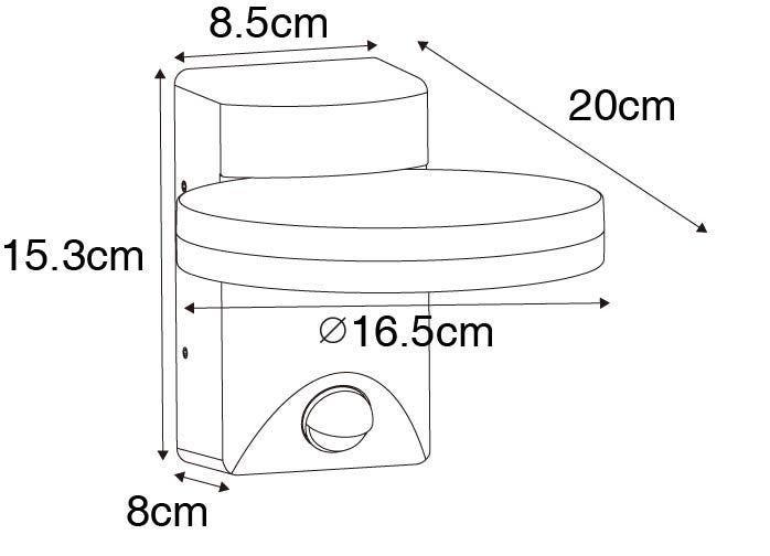 Maßzeichnung Außenwandleuchte mit Sensor: Höhe 15,3, Breite 8,5, Tiefe 20, Durchmesser 16,5 und Gehäusetiefe 8 Zentimeter.