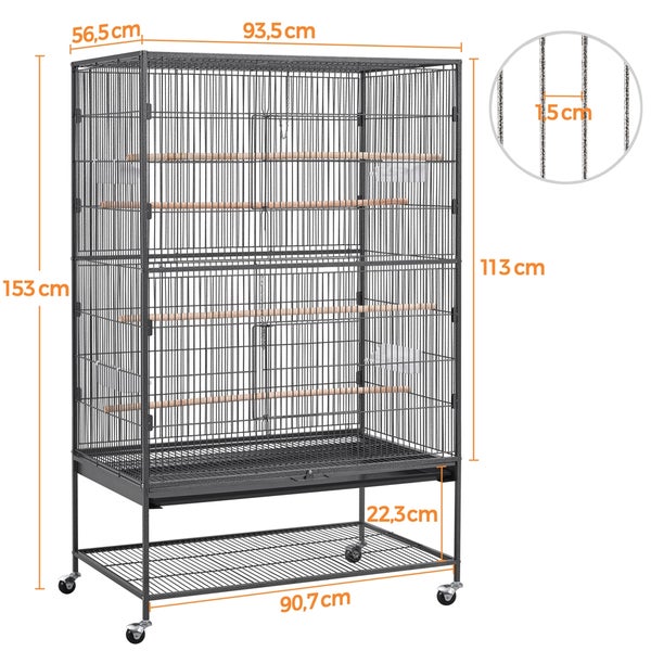 Vogelkäfig mit Ständer und Holzstangen, Maße sind dargestellt