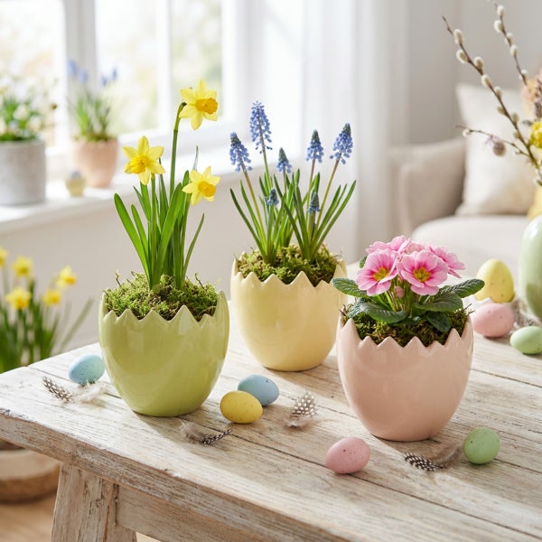 Osterdekoration mit drei blühenden Frühlingspflanzen in eiförmigen Übertöpfen auf einem Holztisch, dekoriert mit Ostereiern und Federn.