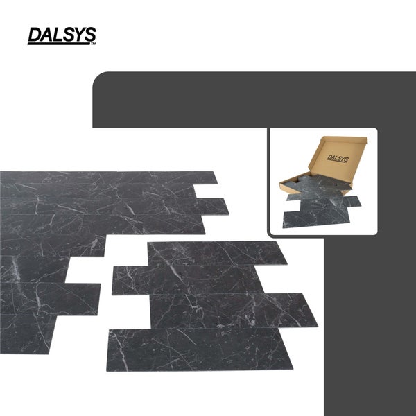 Dalsys Logo. Selbstklebende Wandpaneele in Marmor-Optik mit weißen Adern, inklusive Originalverpackung.