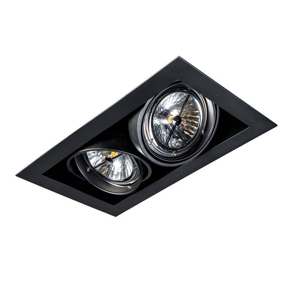 Doppelter Einbaustrahler, rechteckiger Rahmen mit zwei verstellbaren runden Lichtköpfen aus Metall.