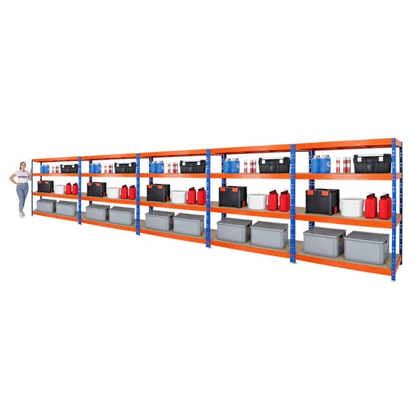 PROREGAL Mega Deal 5x Profi Schwerlastregal Rhino HxBxT 180 x 160 x 60 cm 4 Spanplatten-Ebenen 8mm Fachlast 500 kg Blau-Orange