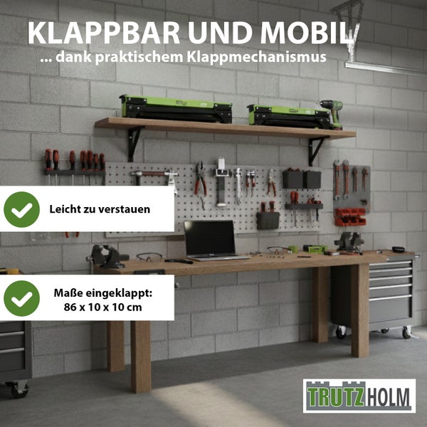 Werkstatt mit Holzwerktisch und leicht zu verstauenden Trutzholm Klappböcken, Maße eingeklappt 86 mal 10 mal 10 Zentimeter, Trutzholm Logo.