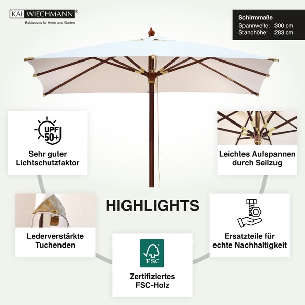 Kai Wiechmann Logo. Holz-Sonnenschirm, 300 Zentimeter Spannweite, 283 Zentimeter Höhe, Lichtschutzfaktor 50 plus, Seilzug, zertifiziertes Holz.