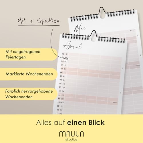 Familienkalender 2025 mit 5 Spalten - Wandkalender 2025 - Monatskalender 2025 - Familienplaner 2025 Hochformat - Jahreskalender 2025 Ferientermine - Kalender 2025 Wandkalender WC009_25_pastel_D
