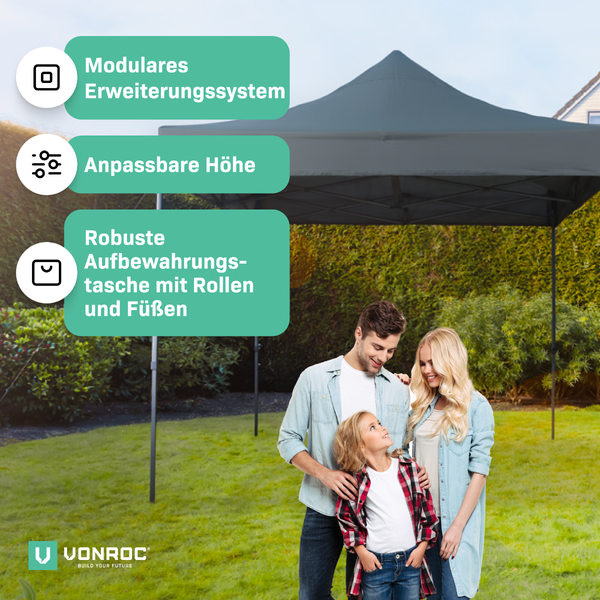 VONROC Pavillon 3x3m wasserdicht stabil - Partyzelt EasyUp System [3Min Aufbau] Popup Faltpavillon modular erweiterbar als Festival Zelt, Gartenpavillon