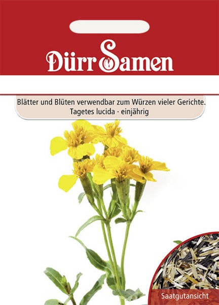 Samentüte für Tagetes lucida von Dürr Samen mit Abbildung der gelben Blüten und einer Detailansicht der Samen.