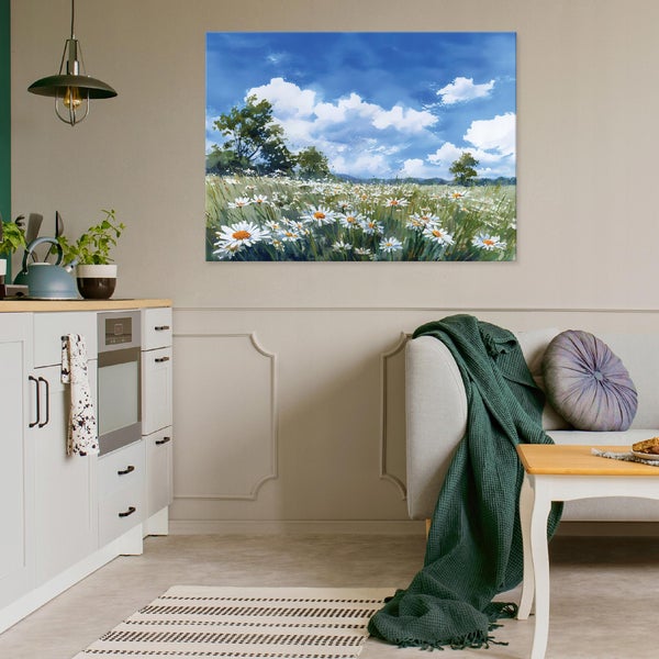 Gemäldeszene mit blauem Kornblumenstrauß über einem Bürotisch mit Bürostuhl