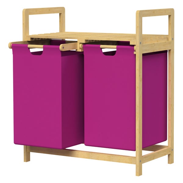 ML-Design Wäschekorb aus Bambus, Magenta, Wäschebox mit 2 Fächern, Wäschesammler mit 2 ausziehbaren Wäschesäcken 60 L, Wäschetruhe mit Ablage, Wäschesortierer für Badezimmer, Wäschetonne mit Regal