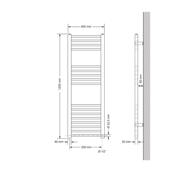 ECD Germany Badheizkörper Elektrisch mit Heizstab 900W - 400 x 1200 mm - Weiß - gerade mit Seitenanschluss - Heizkörper Handtuchwärmer Handtuchtrockner