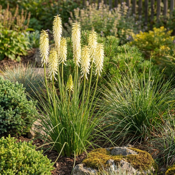 Fackellilie Kniphofia mit cremeweißen Blütenständen und grasähnlichem Laub in einer Gartenlandschaft mit Gräsern und Steinen.