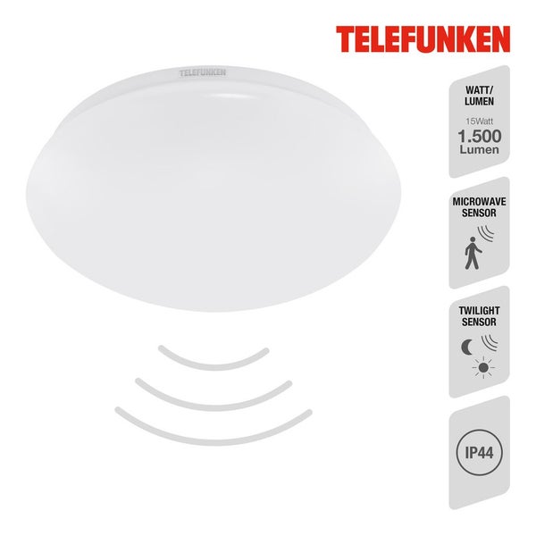 Telefunken LED-Deckenleuchte, 15 Watt, 1500 Lumen, mit Mikrowellen-Bewegungssensor, Dämmerungssensor und Schutzart IP44. Telefunken Logo.