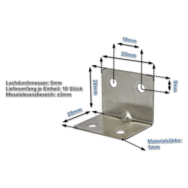 Winkelverbinder aus Metall mit Maßangaben für Schraublöcher und Materialstärke, Set mit 10 Stück.
