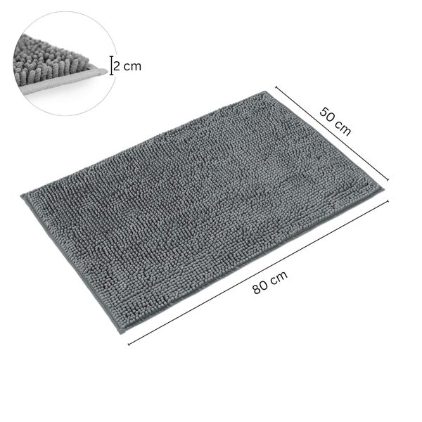 Badematte mit Chenille-Struktur, Maße 80 Zentimeter mal 50 Zentimeter, Florhöhe 2 Zentimeter.