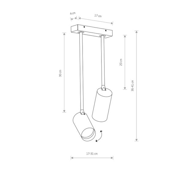 Technische Zeichnung eines zweiflammigen Deckenstrahlers mit Maßen: Breite 17 bis 31 cm, Gesamthöhe 36 bis 41 cm, Deckenhalterung 17 mal 4 cm.