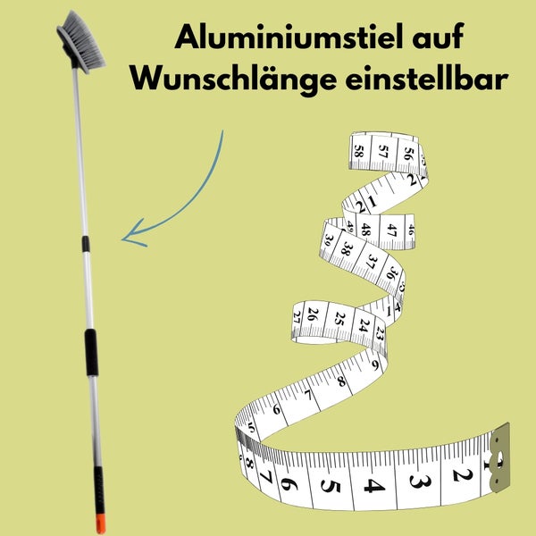 Teleskopierbarer Aluminiumstiel für Waschbürste mit Maßband-Illustration zur Verdeutlichung der Längenverstellbarkeit.
