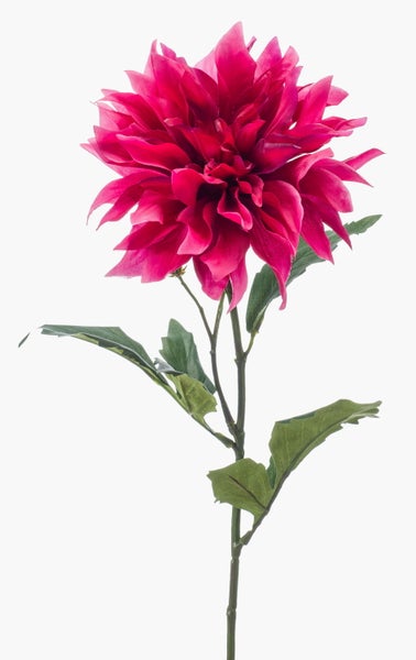 Künstliche Dahlie mit einer großen pinkfarbenen Blüte, einem grünen Stiel und naturgetreuen Blättern.
