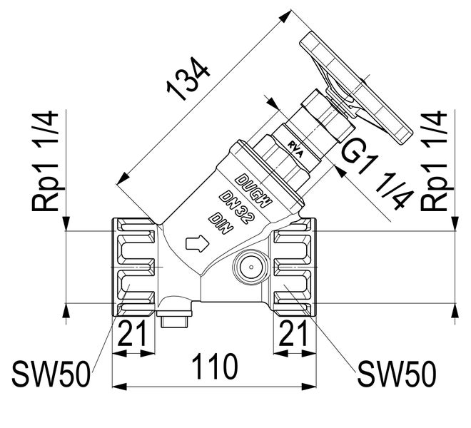 Technische Zeichnung eines Freistromventils DN 32 mit Maßangaben in Millimetern und Gewindegrößen Rp 1 1/4 Zoll.