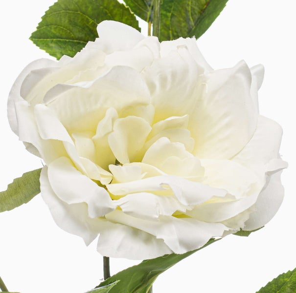 Künstliche weiße Rose mit grünem Stiel und Blättern.