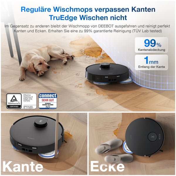Ecovacs Deebot T30 OMNI Saugroboter reinigt Kanten und Ecken mit TruEdge Wischen