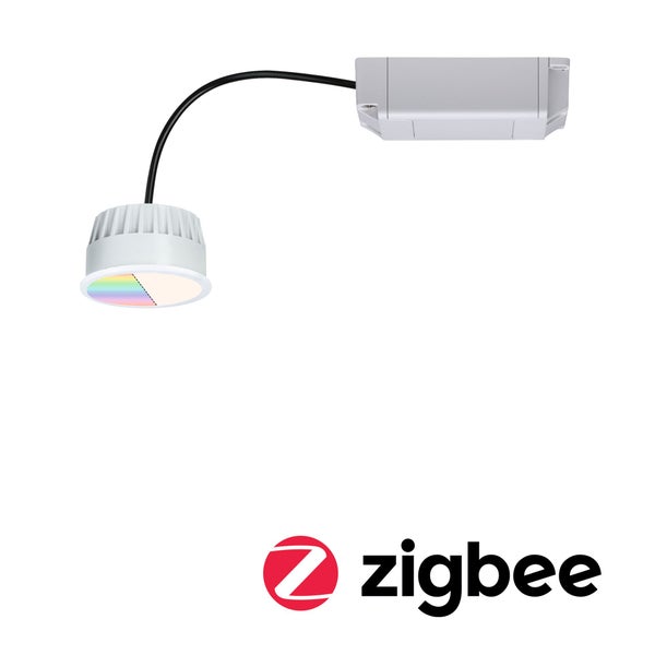 LED-Einbaustrahler mit Zigbee-Steuerung und RGBW-Farbwechselfunktion. Zigbee Logo.