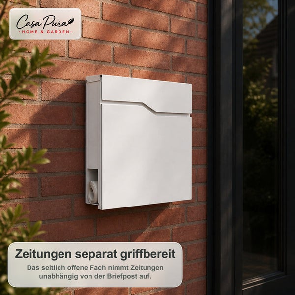 Moderner Briefkasten mit Zeitungsfach zur Wandmontage an einer Backsteinmauer. Casa Pura Logo.