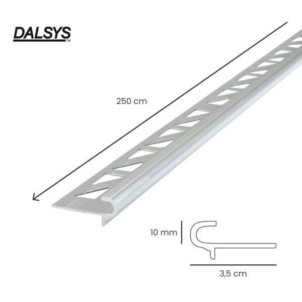 Dalsys Treppenkantenprofil für Fliesen, Aluminium, Länge 250 Zentimeter, Höhe 10 Millimeter, Breite 3,5 Zentimeter, Dalsys Logo.