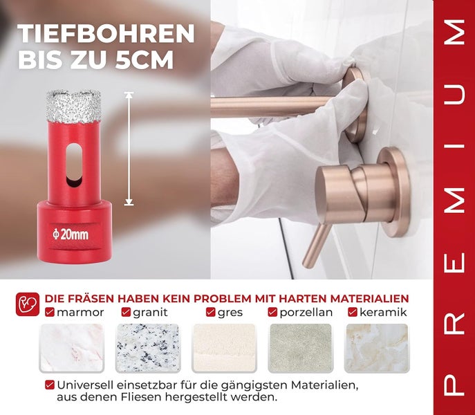 PROREGAL Diamant Bohrkronenaufsatz Premium Crystal 20 mm für Fliesen Glas Feinsteinzeug Keramik Granit Steinfliesen Winkelschleifer Flex M14